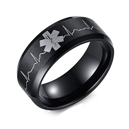 OIDEA Herren Ring Medzin Schwarz: Unisex Damen Bandring aus Edelstahl medizinische Alert ID Herz Geschenk für Männer Frauen Retro Charm Größe 49 von OIDEA