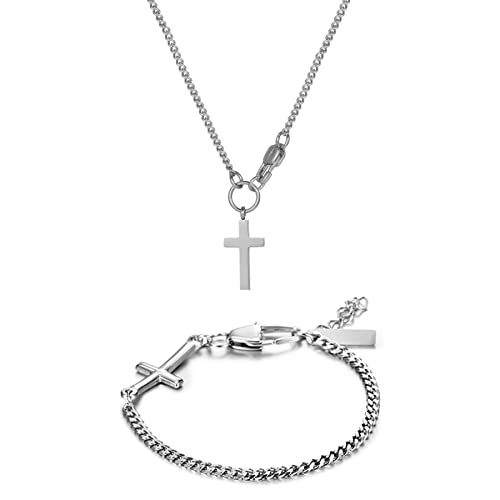 OIDEA Herren Damen Schmuckset Kreuz: 2 Stück Halskette mit Kreuz Anhänger & Kreuz Armband Kubanische Armkette Silber Kreuzkette aus Edelstahl Geburtstag Feiertag Geschenk für Familie Freund Paar von OIDEA