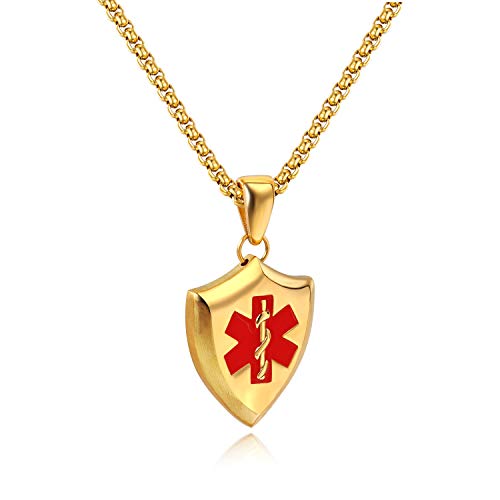 OIDEA Herren Anhänger mit Halskette Medical Alert Schild Anhänger gold für Männer Damen ID Edelstahl mit goldkette 55cm von OIDEA