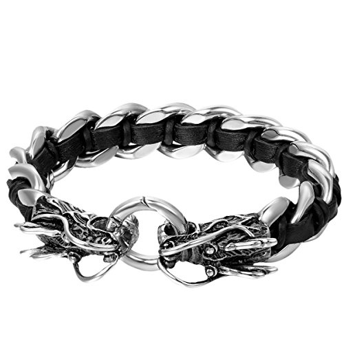 OIDEA Herren Armband, Punk Rock Doppelt Drachen Kopf Edelstahl Panzerkette mit geflochtenes echtes Lederband Armkette Armreif Armschmuck Handgelenk, silber schwarz von OIDEA