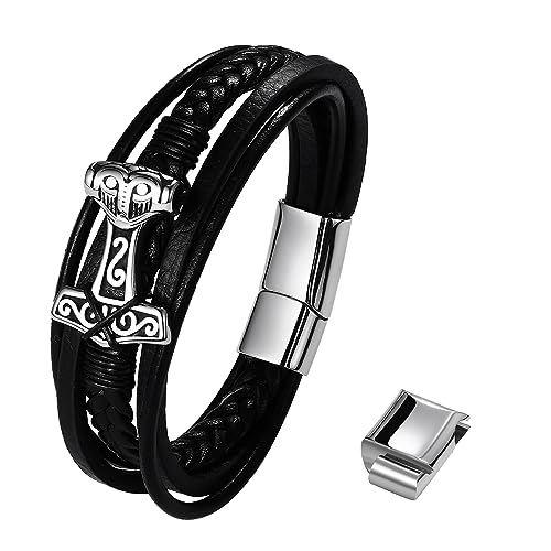 OIDEA Herren Armband Geflochten Leder Wikinger Thors Hammer Amulett mit Verstellbarer Riegelschnalle, Schwarz Lederarmband Retro Viking Stil, Geschenk für Männer Vater Freund Sohn, Typ 1 Thors Hammer von OIDEA