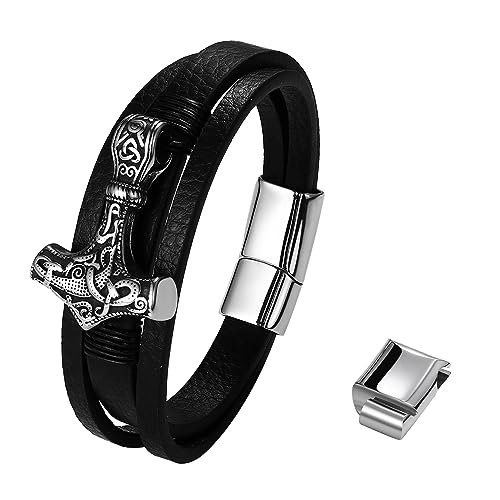 OIDEA Herren Armband Geflochten Leder Wikinger Thors Hammer Amulett mit Verstellbarer Riegelschnalle, Schwarz Lederarmband Retro Viking Stil, Geschenk für Männer Vater Freund Sohn, Typ 2 Thors Hammer von OIDEA