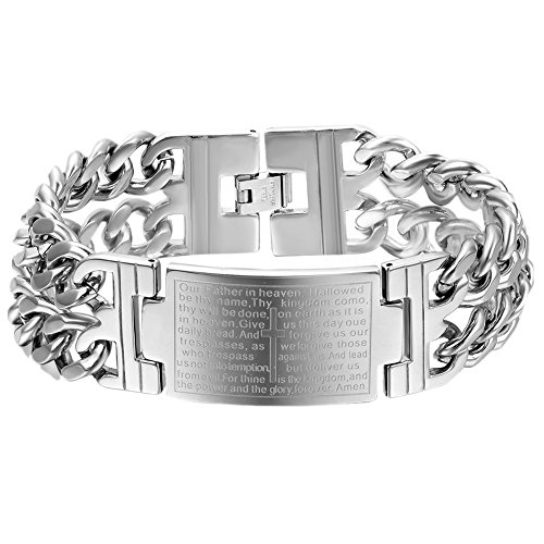 OIDEA Herren Edelsathl Armband, 23mm Breit Groß Glieder Link Handgelenk Schwer Doppel Panzerkette mit Englisch Bibel Gebet Kreuz Kettenarmband Armreif, 23cm, silber von OIDEA