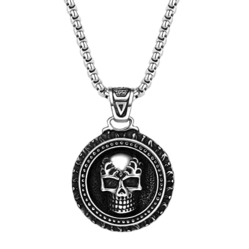 OIDEA Herren Halskette mit Schädel Anhänger: Gothic Totenkopf Skull Kreis Anhängerkette aus Edelstahl Silber Punk Rock Biker Schmuck Geschenk für Männer Jungs von OIDEA