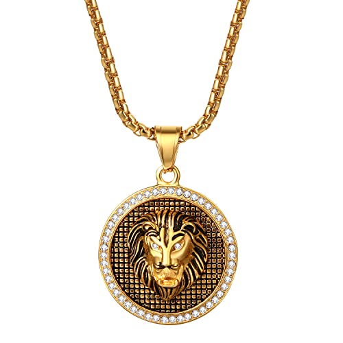 OIDEA Herren Halskette, Löwenkopf Landkarte, Kreis Löwe Krone Doppel Schwerte Römischer Ziffern Tribal Anhänger Edelstahl mit 56 cm Kette, Gold von OIDEA