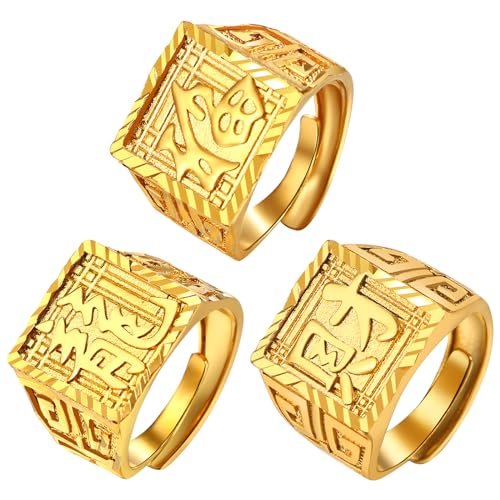 OIDEA Herren Offener Ring Gold: 3 Stück Ringe Set Band Siegelring Bandring Vergoldet Wohlstand Reichtum Glück Reich aus Messing Schmuck Geschenk für Männer Vater von OIDEA