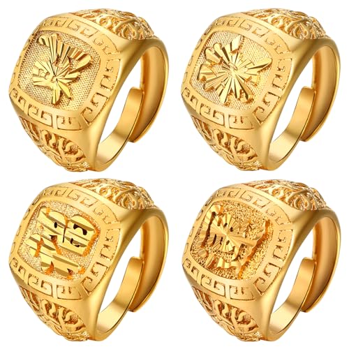 OIDEA Herren Offener Ring Gold: 4 Stück Ringe Set Band Siegelring Bandring Vergoldet Wohlstand Reichtum Glück Reich aus Messing Schmuck Geschenk für Männer Vater von OIDEA