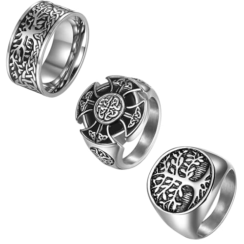 OIDEA Herren Ring Wikinger aus Edelstahl: 3pcs Viking Ringe Retro Vegvisir Kompass Fingerring Vintage Lebensbaum Bandring Nordischer Siegelring für Männer Geschenk Größe 62 von OIDEA