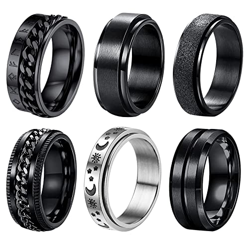 OIDEA Herren Spinner Ring Edelstahl: 6 Stück Anti Anxiety Stress Angst Relief Ringe Set Schwarz Silber Spinnringe Hochwertig Modern Geburtstag Geschenk für Männer Junge Freund Größe 54 von OIDEA