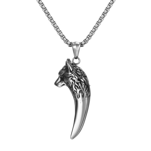 OIDEA Herren Wikinger Wolfskopf Halskette: Wolfszahn Wolf Anhänger mit Kette aus Edelstahl Viking Schmuck Weizenkette Geschenk für Männer Junge von OIDEA