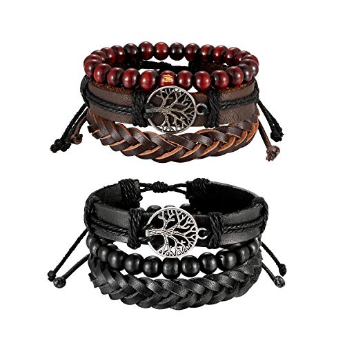 OIDEA Lederarmband Männer Frauen Lebensbaum Armbänder 2PCS Geflochtene Armreife Verstellbar Handgefertigt Kordelkette, Schwarz Braun von OIDEA