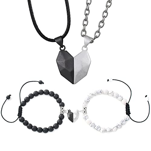 OIDEA Paar Schmuck Set Herz: 4 Stück Halskette Herz Puzzle Magnet Anhänger Kette aus Edelstahl & Kugel Armkette Armband aus Achat Schwarz Weiß Feiertag Geschenk für Partner Pärchen Paare von OIDEA