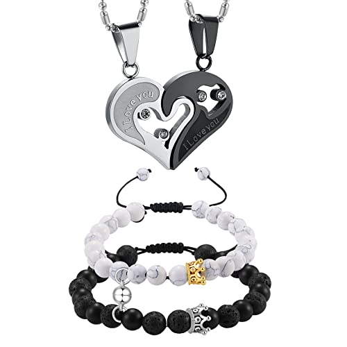 OIDEA Paar Schmuck Set Herz: 4 Stück Halskette mit “I Love You” Herz Puzzle Anhänger Kette aus Edelstahl & Kugel Armkette Magnet Armband aus Weißer Türkis Stein Geschenk für Partner Pärchen Paare von OIDEA