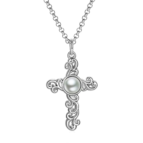 OIDEA Unisex Perle Kreuz Halskette: Modern Kreuzkette mit Perle Anhänger aus Edelstahl Silber Mode Schmuck Geschenk für Männer Vater Freund Frauen Mutter Freundin von OIDEA