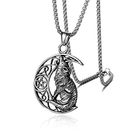 OIDEA Retro Herren Halskette Wolf: Vintage Wikinger Slav Wolfkopf Halbmond Anhänger mit Weizenkette aus Edelstahl Kette Silber chmuck Geschenk für Männer Junge von OIDEA