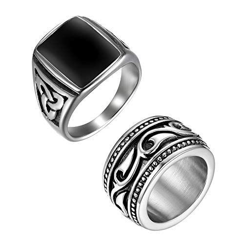 OIDEA Herren Ring Wikinger Siegelring: 2 Stück Ringe Set aus Edelstahl Herrenring Keltischer Knoten Bandring mit Achat Schwarz Stein Biker Rock Viking Schmuck Geschenk für Männer Größe 62 von OIDEA