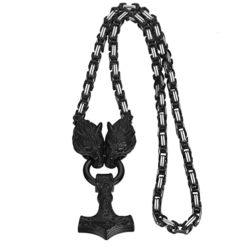 OIDEA Herren Halskette Thors Hammer: Schwarz Schwer Königskette Wikinger Kette Gotik mit Wolfskopf Anhänger aus Edelstahl Wolf Viking Anhängerkette Biker Schmuck Geschenk für Männer Jungs von OIDEA