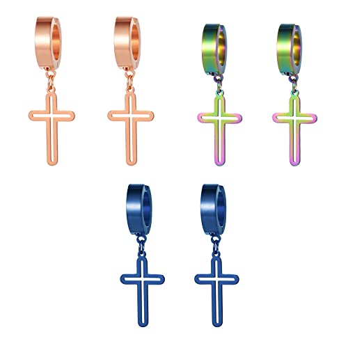 OIDEA Unisex Ohrringe Creolen Set: 3 Paare Creolen mit Kreuz Anhänger aus Edelstahl Ohrstecker mit Kreuz Ohrhänger Bunt Rosegold Blau Geschennk für Männer Frauen von OIDEA