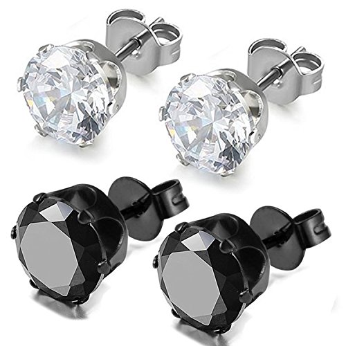 OIDEA Unisex Ohrringe Ohrstecker mit Zirkonia: 2 Paare Herren Damen Rund Ohrstecker Set aus Edelstahl einfach 3mm breit Zirkon Schwarz Weiss Geschenk für Frauen Mädchen von OIDEA