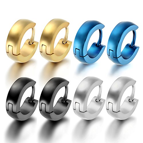 Oidea 4 Paare(8PCS) Herren Damen Ohrringe, Einfach Glatt Poliert Edelstahl Creolen Ohrstecker Ohrschmuck Huggie, Schwarz Silber Gold Blau von OIDEA