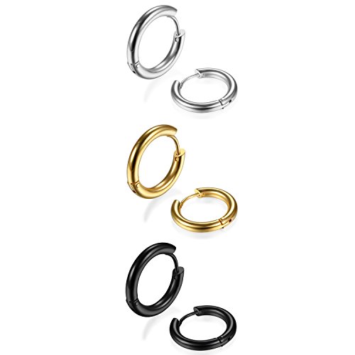 OIDEA Unisex Ohrringe Creolen Edelstahl: 3 Paare Rock Punk Damen Herren Creolen Set Ohrclip für Männer Frauen Gold Silber Schwarz Geschenk für Männer Frauen von OIDEA