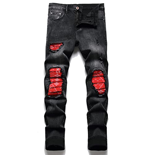 OIIIO Herren Patch Ripped Jeans Stretch Slim Fit Denim Pants, Schwarz-Rot-6607, 50 von OIIIO