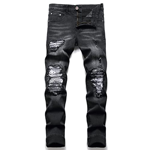 OIIIO Herren-Jeans, Patch, Ripped Stretch, normale Passform, Schwarz-Weiß-6608, 52 von OIIIO