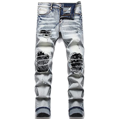 OIIIO Herren Patch Ripped Jeans Stretch Slim Fit Denim Pants, Vintage Blue-6606, 46 von OIIIO