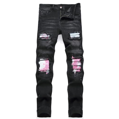 OIIIO Herren-Jeans, Patch, Ripped Stretch, normale Passform, 6648 Schwarz, 48 von OIIIO