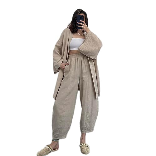 OKGD Damen-Kimono-Pyjama-Set, Neue Baumwoll-Krepp-Cardigan, langärmelige Hosen, Damen-Nachtwäsche, Anzug für Damen, Heimservice, Mujer-Khaki-L von OKGD