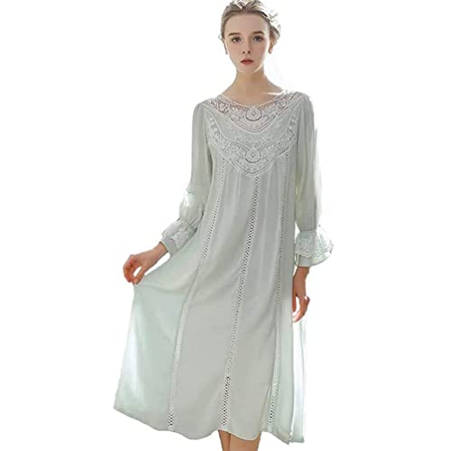 OKSakady Damen Langarm Baumwolle Nachthemd Midi-Länge Spitze Prinzessin Abendkleid Pyjama, grün, 46 von OKSakady