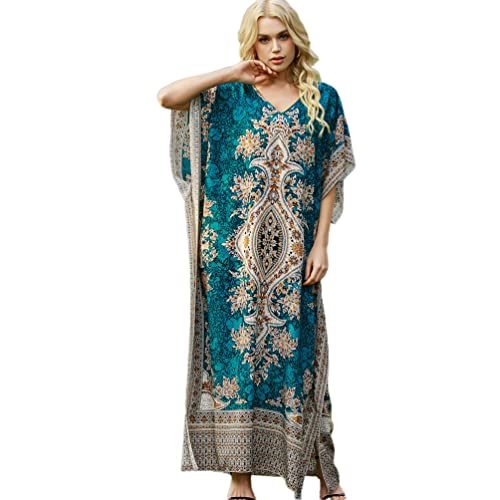 OKSakady Langer Kaftan für Damen 3/4-Ärmel Sommer-Maxikleid Fledermaus-Blumen-Tunika von OKSakady