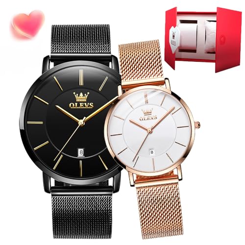 OLEVS Armbanduhr für Paare, Quarz, beleuchtet, Kalender, Datum, Fenster, 3 atm, wasserdicht, lässig, Edelstahl, für Männer und Frauen, Paare, Hochzeit, romantisch, G5869-Black Face+White Face, von OLEVS