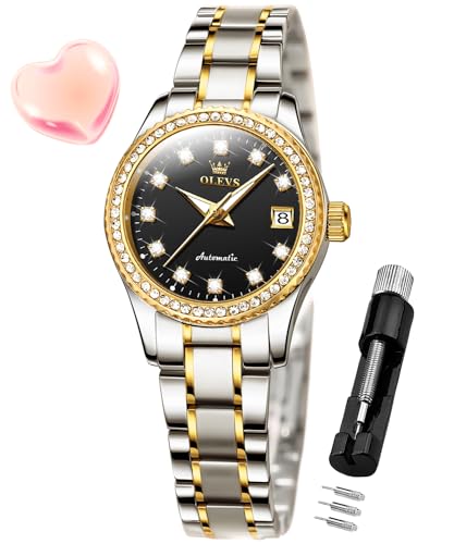 OLEVS Damen-Automatikuhr, Diamant, modisch, luxuriös, mechanisch, selbstaufziehend, Edelstahl, Damen-Armbanduhren für Frauen, leuchtend, wasserdicht, 7003, Schwarz, Uhren für Damen von OLEVS