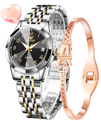 OLEVS Damenuhren Gold Silber Leicht Ablesbare Ziffern Diamant Uhren Damen Japan Analog Quartz Wasserdicht Leuchtend Datum Armbanduhr Geschenk Set von OLEVS