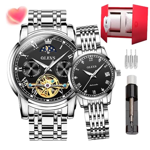 OLEVS Paar Uhren Set mit automatischem mechanischen automatischen Aufzug für Herren Damen Uhren Leuchtend Wasserdicht Edelstahl High-End Casual Business Uhr, 6617-6602, schwarzes Armband, Klassisch von OLEVS