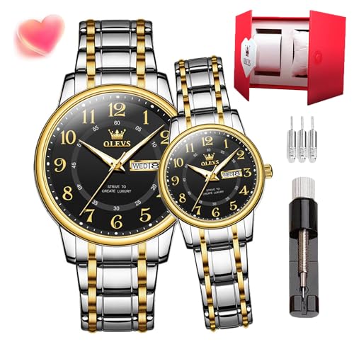 OLEVS Pärchen Quarzuhr Edelstahl Paar Hochzeit Romantischer Ausdruck Mann Tag Nacht Glow Kalender Wasserdicht Casual Herren und Damen Uhr, 2891 Uhrarmband, goldfarben, Schwarz, Paar-Stil, Liebhaber von OLEVS