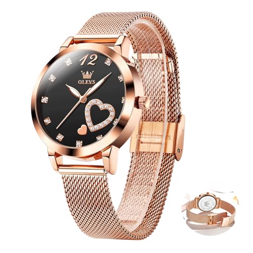 OLEVS Roségold Damen Armbanduhr Schwarz Zifferblatt Diamant Analog Kleid Weiblich Uhr für Frauen Metall Stylish Leuchtende Damen Uhren Exquisit Herzform Quarz Uhr Damen Klassische Wasserdicht von OLEVS