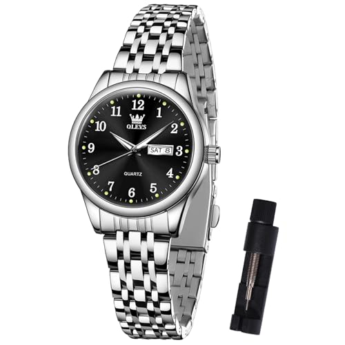 OLEVS Silber Armbanduhren für Damen Schwarz Kleines Gesicht Leicht zu Lesen Damen Uhren Edelstahl Leuchtend 30M Wasserdicht Uhr Damen Analog Business Kleid Armbanduhren mit Datum DREI Hände Günstig von OLEVS