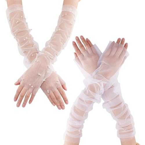 OLYCRAFT 2 Paar 2 Stile Puff Durchsichtige Lange Handschuhe Weißer Tüll Lange Ärmel Puff Transparente Handschuhe Mit Perlen Weiße Perlen Tüll Handschuhe Für Hochzeitskleid Brautaccessoires von OLYCRAFT