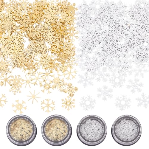 OLYCRAFT 600Stück Gemischte Schneeflocken Thematische Nageldekoration 4mm Goldene & Silberne Schneeflocke Legierung Epoxidharz Cabochons Kleine UV-Harz für Weihnachten Harz Nail Art Dekoration von OLYCRAFT