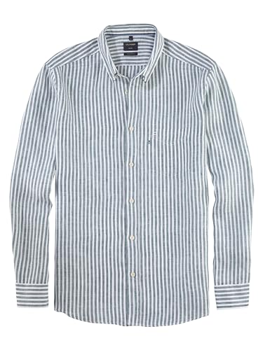 OLYMP Herren Freizeithemd Langarm Casual,Streifen Weissfond,Regular fit,Button-Down-Kragen,graugrün 48,L von OLYMP