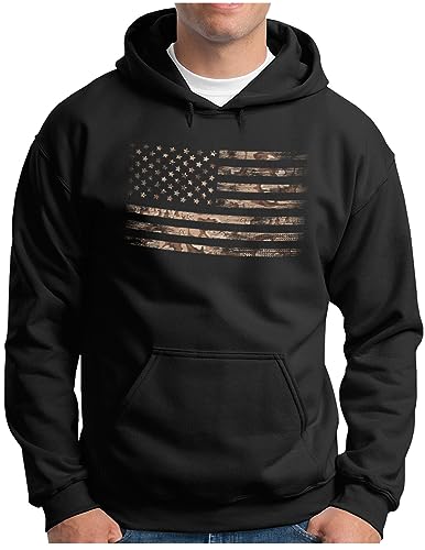 OM3® United States of America USA Hoodie | Herren | Army Camouflage Flag Amerika (Camo Braun) | Kapuzen-Pullover Schwarz, XL von OM3