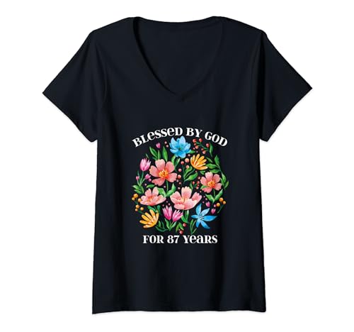 Damen 87 Jahre von Gott gesegnet, Flower Wildflower 87. Geburtstag T-Shirt mit V-Ausschnitt von OMG Its My Birthday Happy Birthday Shirts