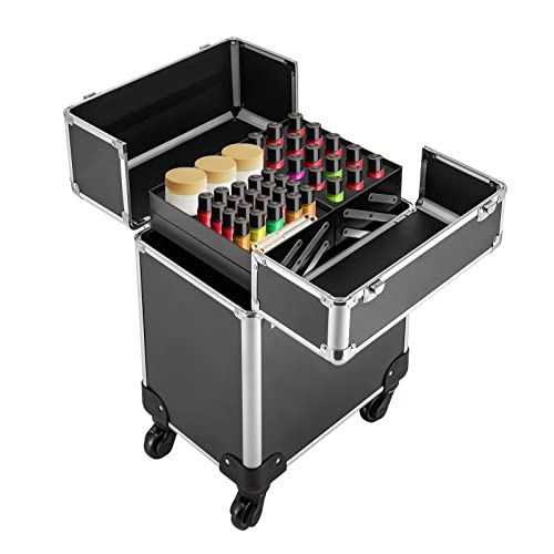 Kosmetikkoffer Trolley Alu Schminkkoffer Damen Friseurkoffer Hartschale Beautycase Nagelkoffer Make up Koffer mit Universalrollen & ausziehbaren Fächern für Reisen für Friseure & Visagisten, Schwarz von OMGGYER