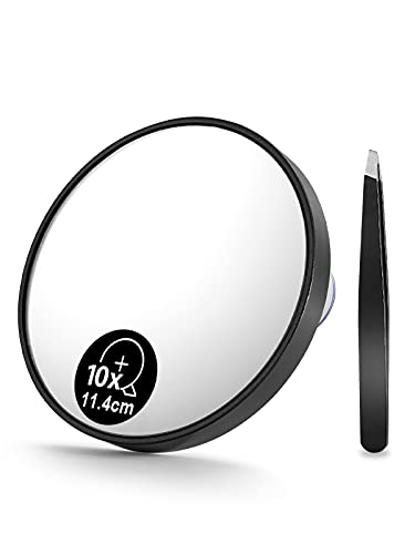 OMIRO Kosmetikspiegel,10-fache Vergrößerungsspiegel und Augenbrauenpinzette Reiseset mit DREI Saugnäpfe, 11.4 cm von OMIRO