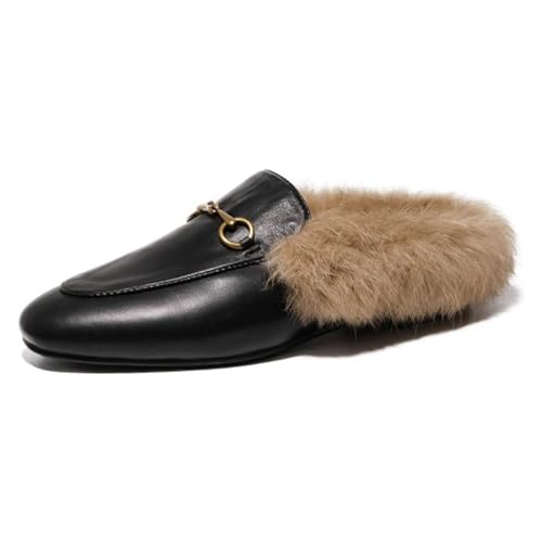 OMKMNOE Damen Flache Slingbacks, Pantoletten mit Fell Leder Slipper Clogs Damen Mules Warm Loafers Schuhe Geeignet für Herbst und Winter,Schwarz,37 von OMKMNOE