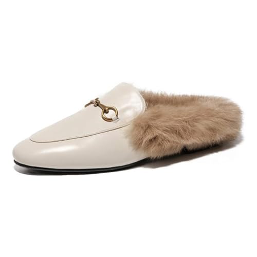 OMKMNOE Damen Flache Slingbacks, Pantoletten mit Fell Leder Slipper Clogs Damen Mules Warm Loafers Schuhe Geeignet für Herbst und Winter,Weiß,40 von OMKMNOE