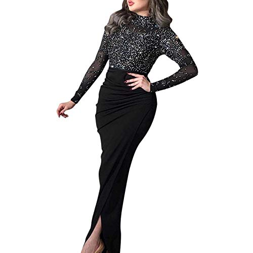 OMKMNOE Damen V-Ausschnitt Meerjungfrau Abendkleider, Elegante Sexy Langarm Gold Applikationen Split Party Prom Kleid Boden Langarm Pailletten Prom,Schwarz,XL von OMKMNOE