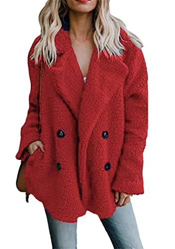 OMZIN Damen Herbst Wintermäntel Damen Warm Warm Kunstpelz Revers Pelzmantel Samt Teddy Fleece Elegant Casual Daily Party Parka Rot S von OMZIN